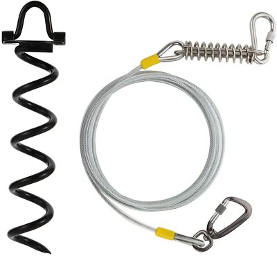 Tie-out Cable with a Shock-Absorbing Spring