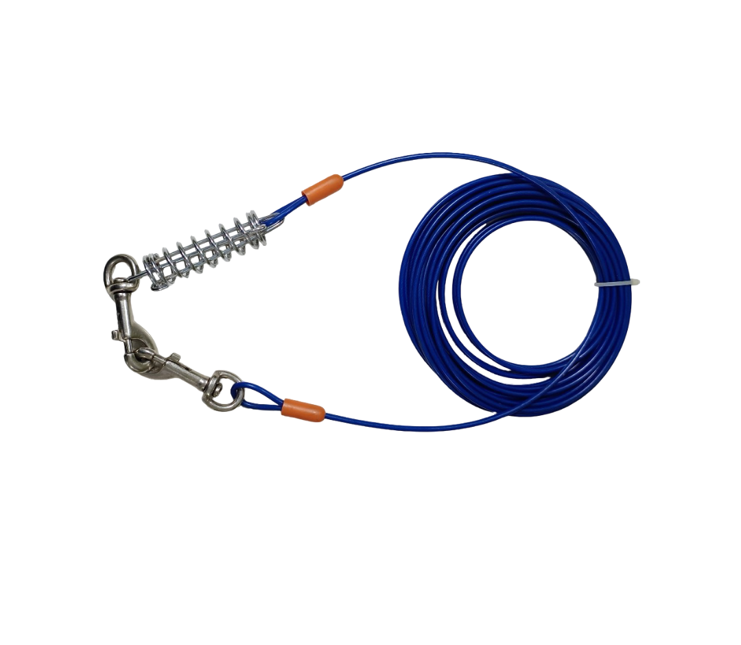 Tie-out Cable with a Shock-Absorbing Spring